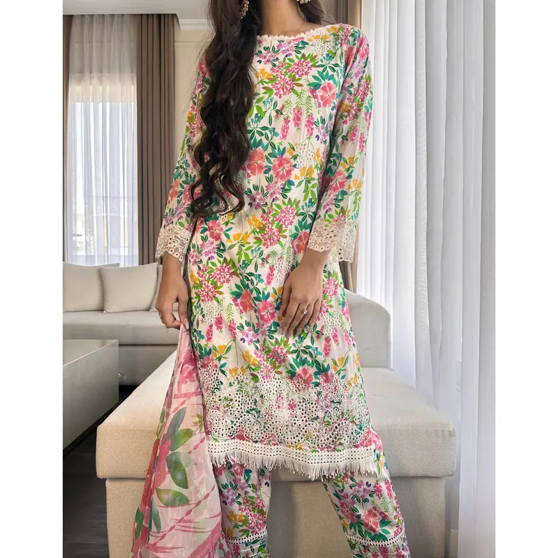 3 pcs Stitched WHITE lawn suit Ready to Wear with chiffon dupatta LNE-24017 3