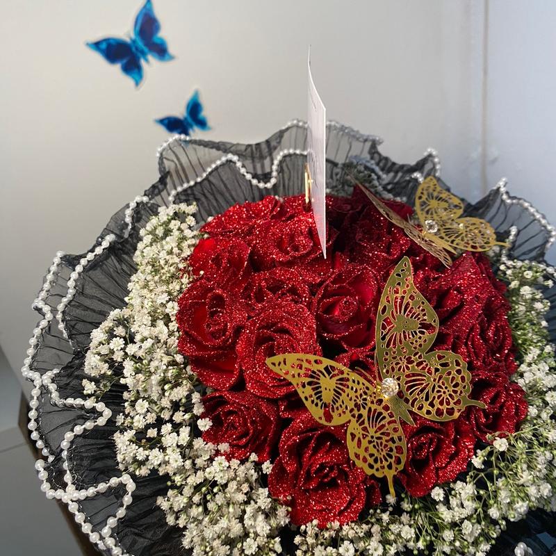 Small bouquet- red glitter roses with 2 gold butterflies gift flower 4