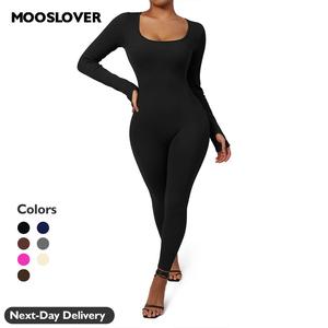 Mooslover UK Women Yoga Jumpsuits Workout Ribbed Long Sleeve Sport Jumpsuits