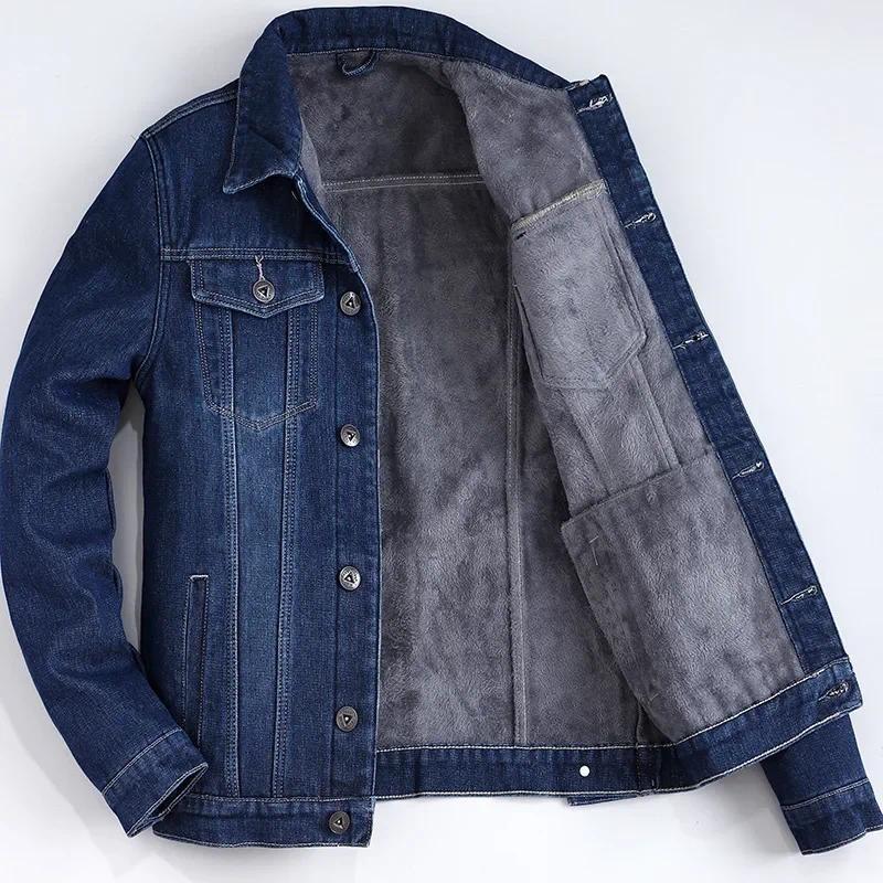 Autumn Winter Men's Velvet Cotton Denim Jacket Male Thick Warm Lined Fleece Jeans Jackets Blue Slim Jeans Coat Top Men's 2023-h 1