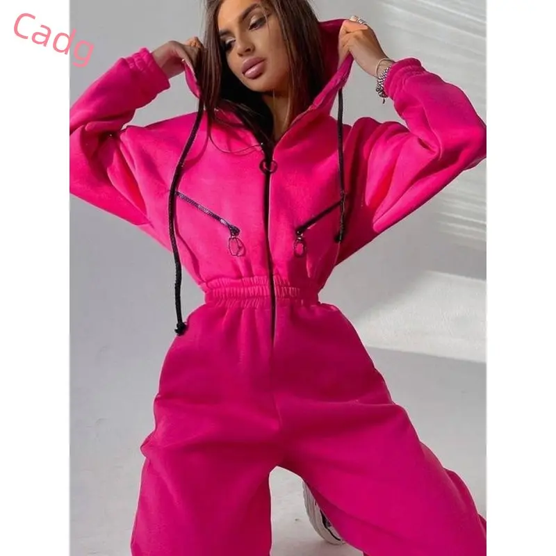 Women's Solid Drop Shoulder Drawstring Hooded Jumpsuit, Casual Long Sleeve Zipper Jumpsuit for Fall & Winter, Women's Clothes for Daily Wear 7