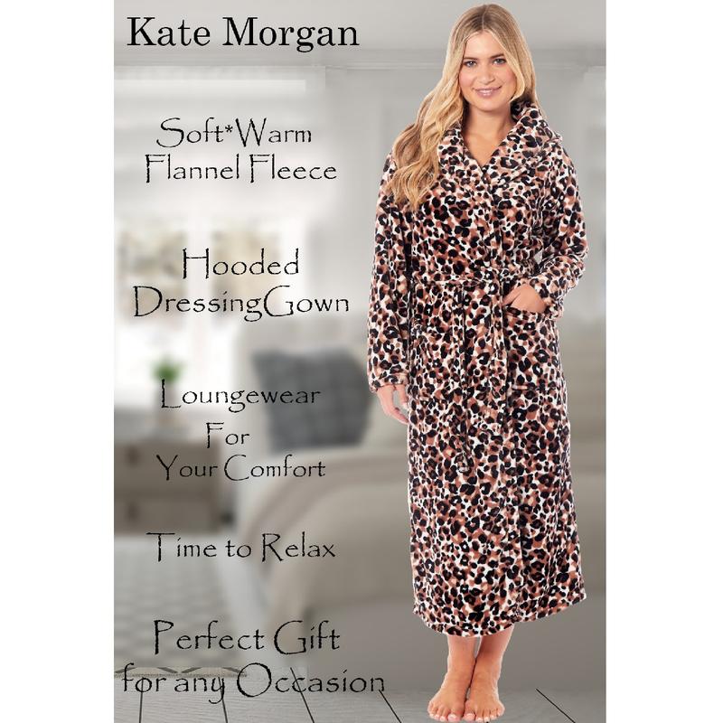 KATE MORGAN Womens Hooded Dressing Gown Loungewear Fleece Robe Leopard Ideal Ladies Gifts UK sizes 8-10 12-14 16-18 20-22 5
