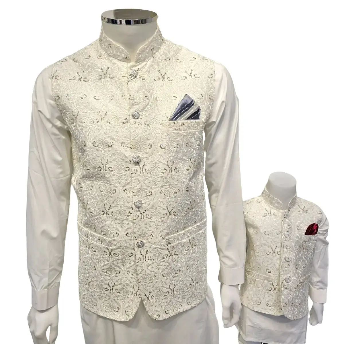Mens White Wedding Waistcoat with Gold Sequences - Same Design Front and Back - Menswear,