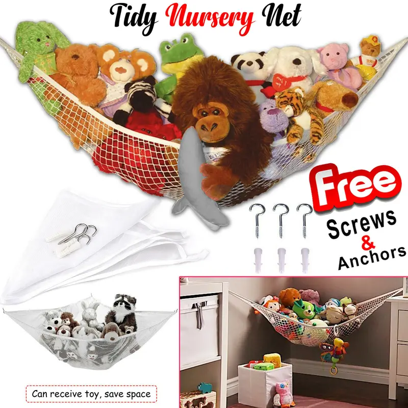 Teddy Hammock With Hooks Large Mesh Net Keep Baby Childs Bedroom Nursery Tidy Wall Sling Soft Toy Storage Organizer For Stuffed Animal   White 0