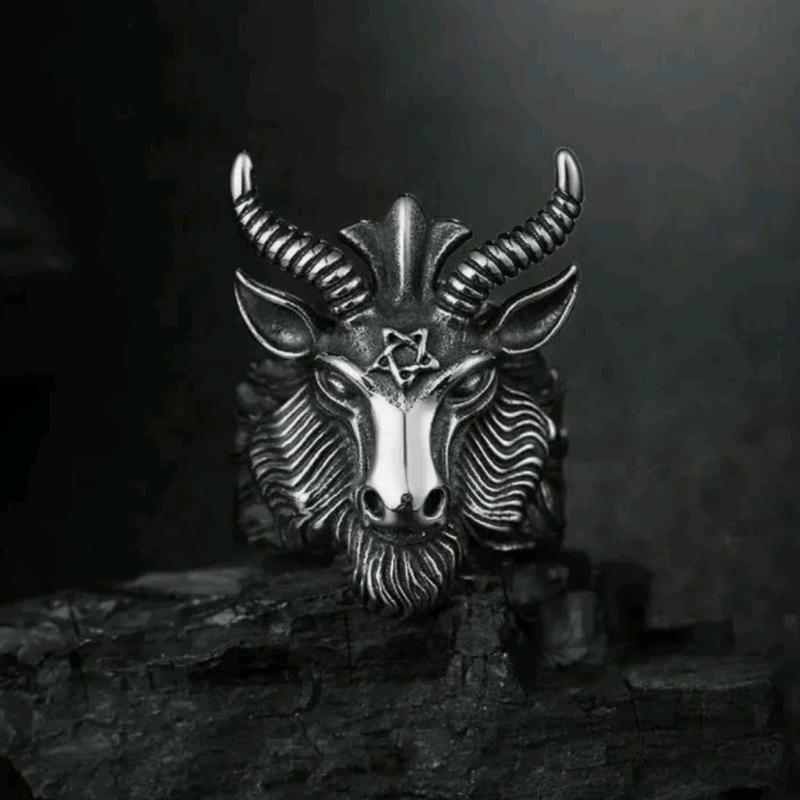Baphomet Goat Head Black Death Satanic Pentagram Hornet Ram Retro Gothic Ring Male Anniversary Auspicious 6
