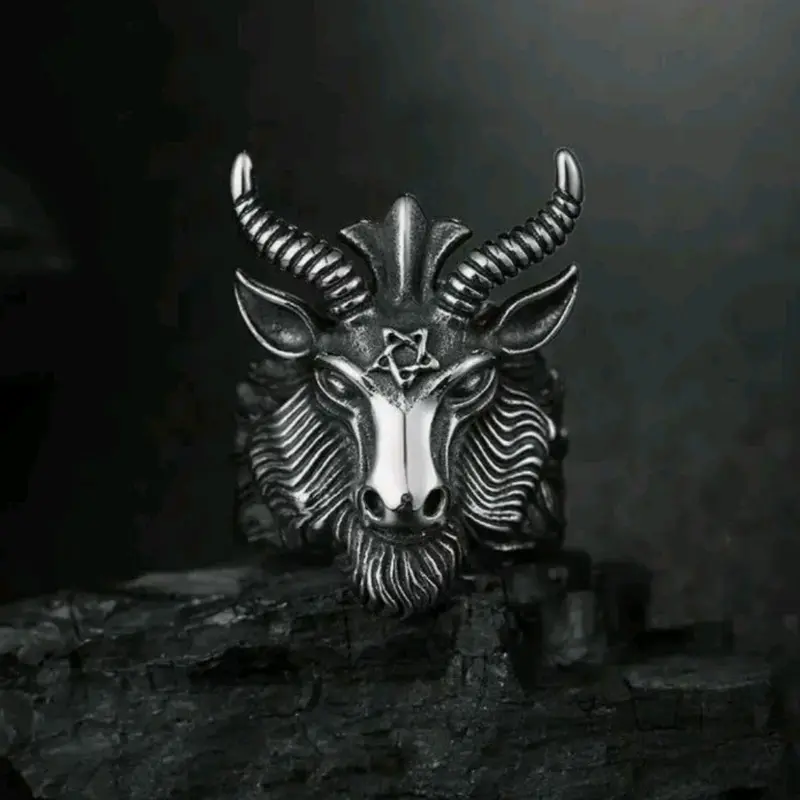 Baphomet Goat Head Black Death Satanic Pentagram Hornet Ram Retro Gothic Ring Male Anniversary Auspicious 6