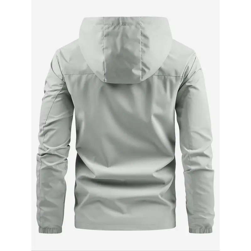 Men's Solid Pocket Drawstring Hooded Jacket, Regular Fit Zip Up Jacket, Stylish Outfit for Spring & Fall, Windbreaker for Men, Menswear, Men's Tops, Mens Clothing,  Winter Coats Underwear Beige Plain 6