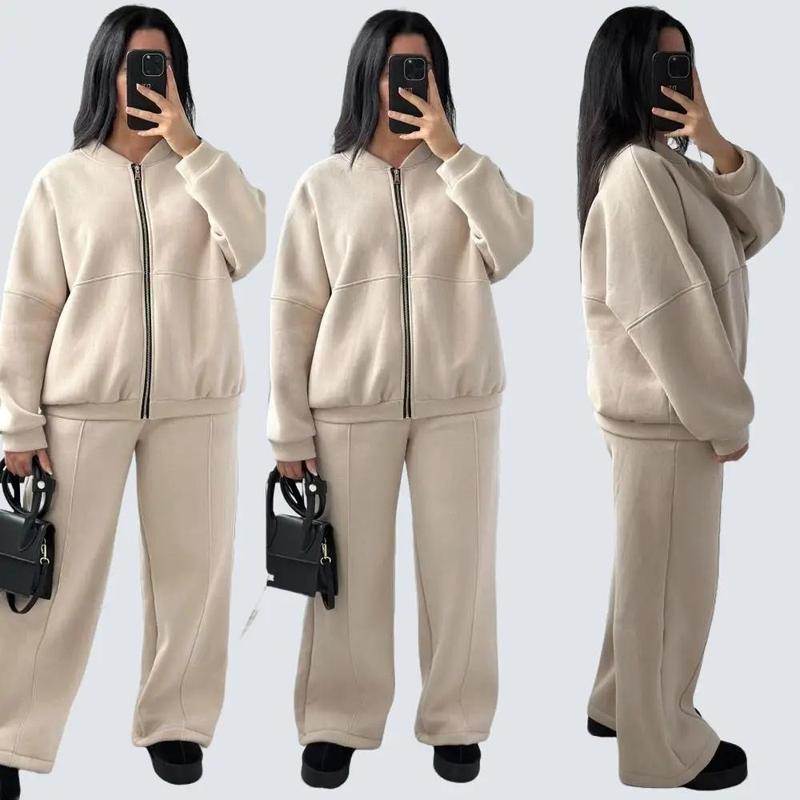 Women's Fleece Lined Oversized Zip Up Bomber Jacket And Pleated Straight Leg Pants Joggers Drawstring Trousers Two Piece Co-Ord Lounge Jogging Tracksuit Set Ladies Oversize Comfy Loungewear Womenswear Everyday Overall 2