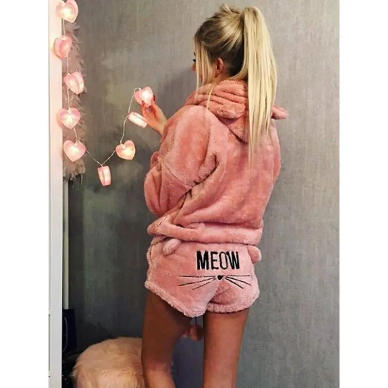 Women Coral Velvet Pajamas Set Autumn Winter Warm Pajamas Two Piece Set Sleepwear Cute Cat Meow Pattern Hoodies Shorts Set Loungewear Womenswear 6