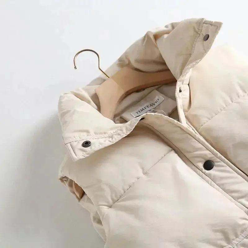 Autumn Winter Women Solid Loose Vest Drawstring Stand Collar Long Vest Jacket  Cotton Padded Women Windproof Warm Waistcoat 4