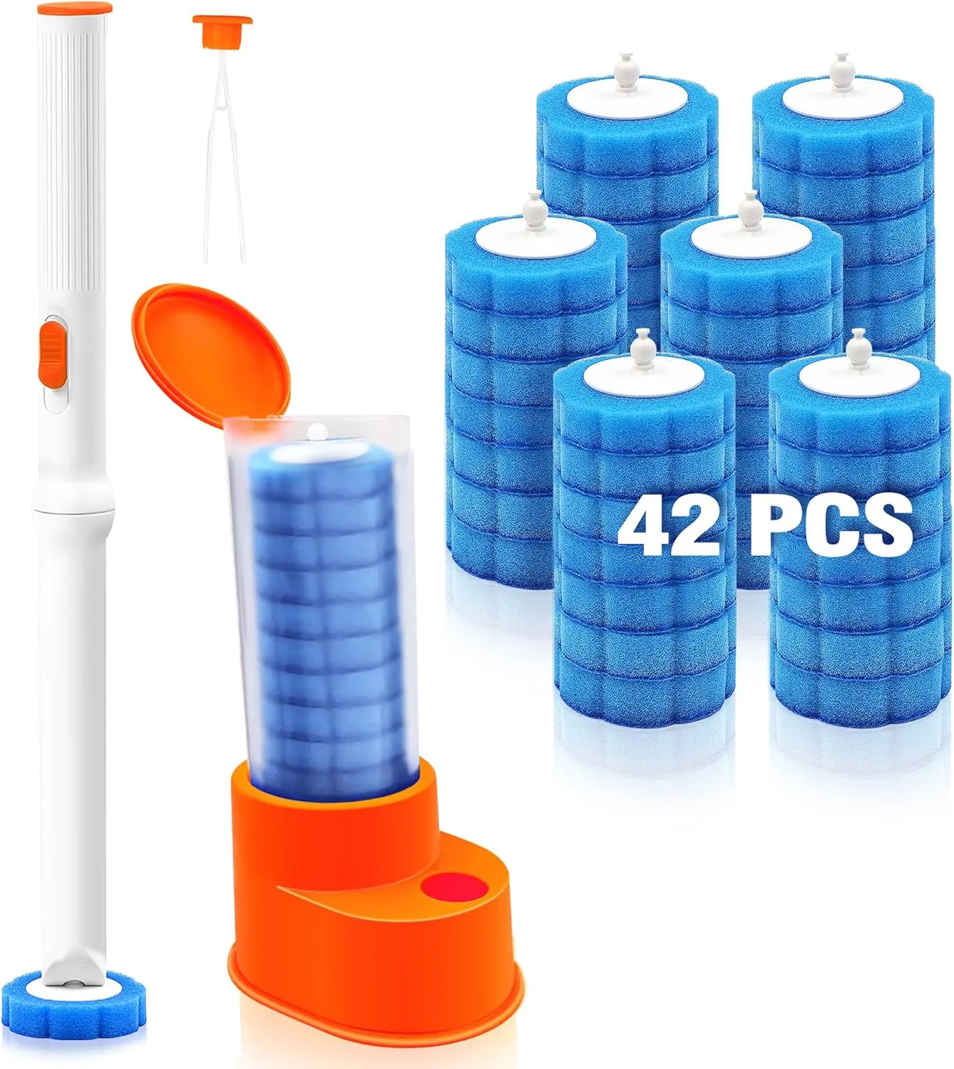 Disposable Toilet Brush with Tweezers, Toilet Bowl Wand Holder Set with 42 Cleaner Refills, Bathroom Cleaning System for Sink Bathtub Wash Basin (Orange)