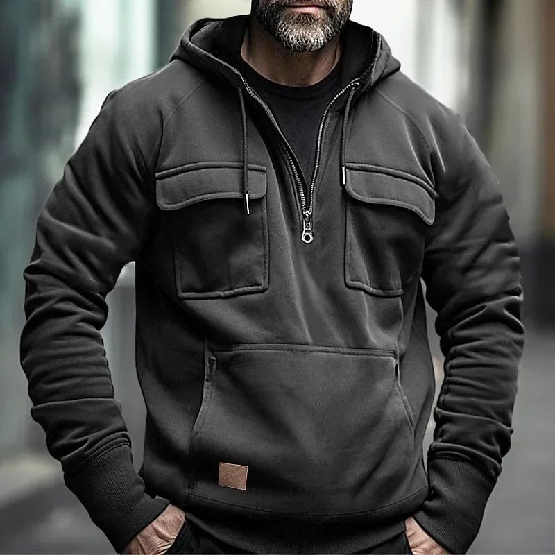 Half Zipper Men's Tactical Hoodies Solid Warm Fleece Military Sweatshirts Multi Pockets Male Hooded Jackets Thick Outdoor Polar Menswear Tops 2