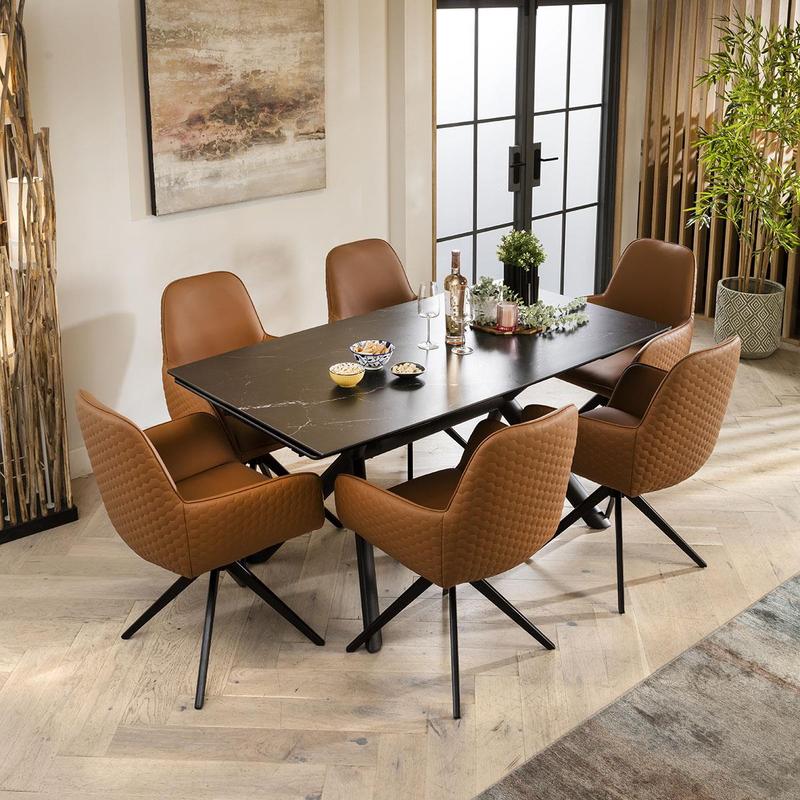 Emma 6 Seater Extending Ceramic Dining Set Black & Tan Leather 1