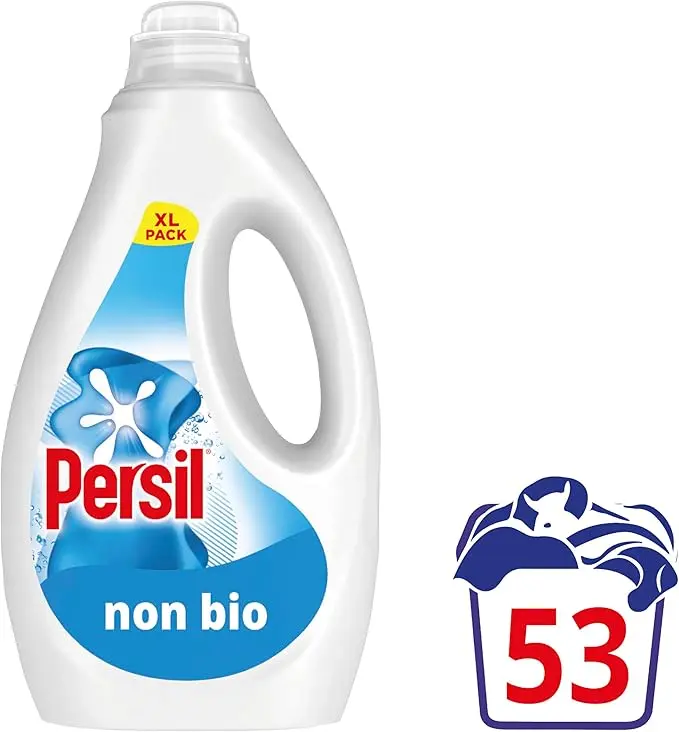 Persil Non Bio Laundry Washing Liquid Detergent outstanding stain removal in quick & cold washes tough on stains, gentle next to sensitive skin 53 washes (1.431 L) Household Cleaning