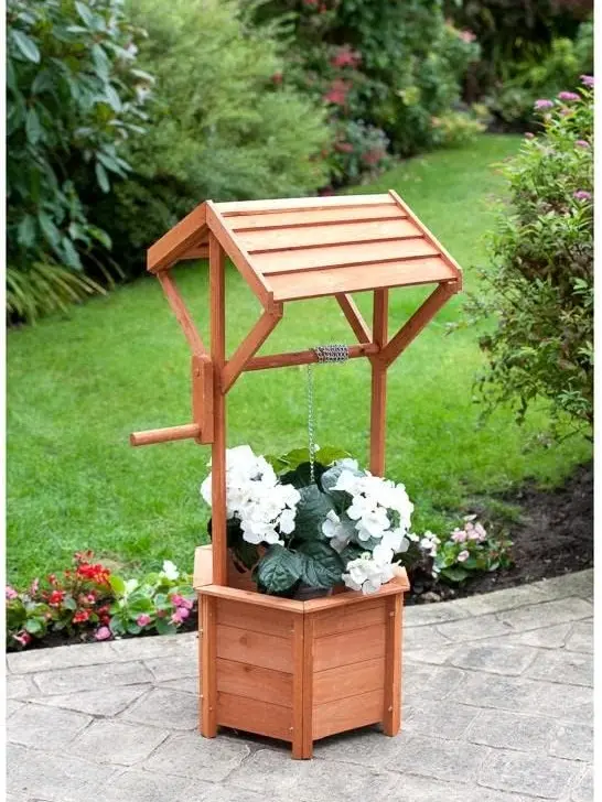 spot on dealz Wishing Well Planter Free Standing Plant Troughs Barrel Outdoor Display Flower Ornament Lawn Porch Decor Wooden Design Decorative Garden Feature 6