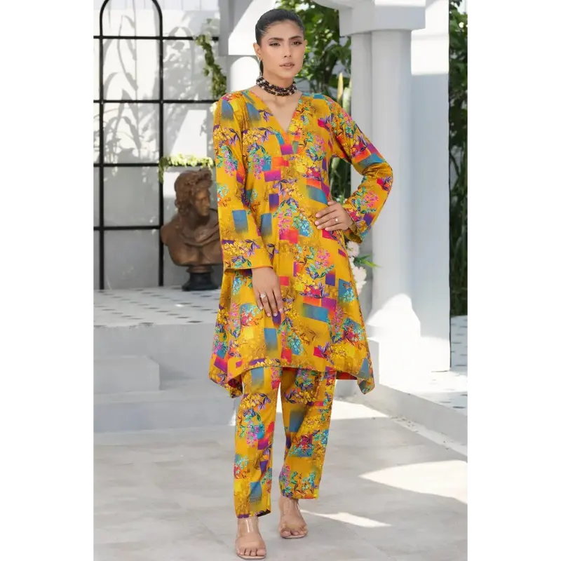 Readymade womenswear Linen Ethnic Floral Printed CO-ORDS-1452-Mustard Shirt Suit 4