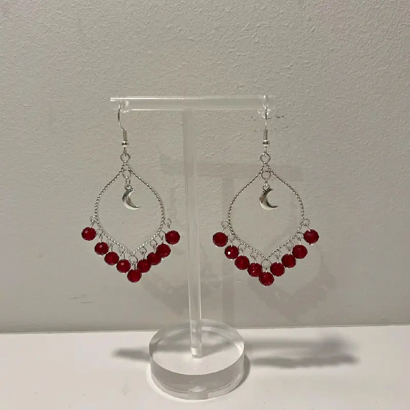 Hand-Made Silver Moonlight Maroon Crystal Bead Earrings for Women - Unique Design 3
