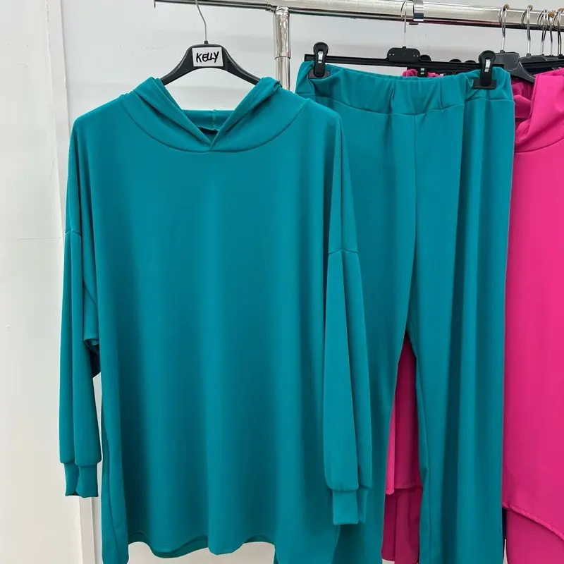 (KELLY) PORTEAPORTE FASHION - Long Sleeve  Woman’s Fashion Clothing - PLUS SIZE Lightweight Ribbed Spring Hoodie and Joggers Loungewear Suit - 10-26 Womenswear Comfortable Matching 2