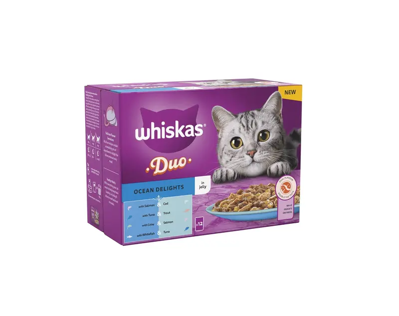 Whiskas Tasty Duo 1+ Ocean Delight in Jelly 48 x 85 g Pouches, Adult Cat Food - Pack of 4 (12 x 85 g) 1