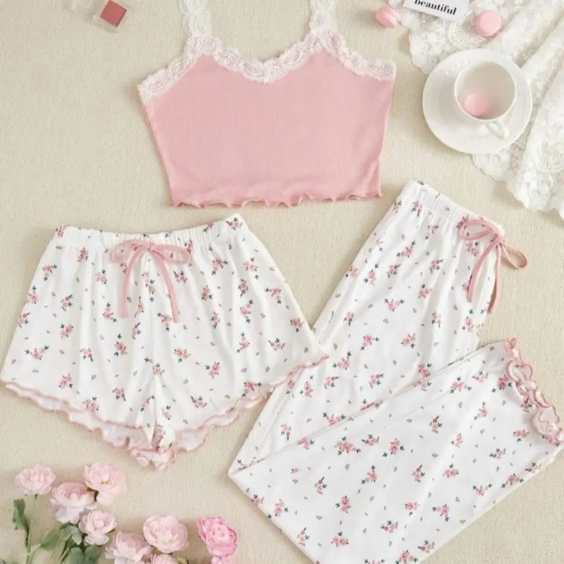 Three-Piece Set Women's Ditsy Floral Print Contrast Lace Lettuce Trim Pyjama Set, Casual Crop Cami Top & Drawstring Pants & Shorts Set, Comfy Loungewear Set for Women