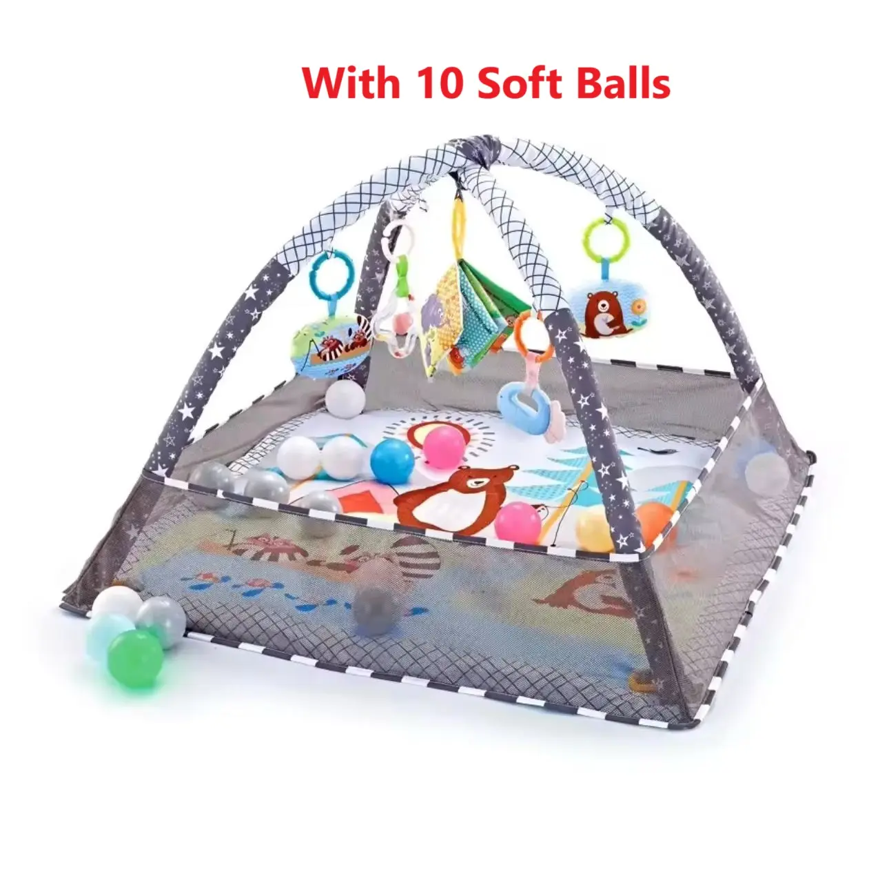 BABY PLAYMATS FLOOR GYMM & PLAY FRAME CRAWLING GAME BLANKET, with 10 SOFT BALLS, 5PCS Detachable Hanging Toys,  For Newborns and Toddlers 0-24 Months mat developmental early educational busy board development toddler foam stepping stone gym