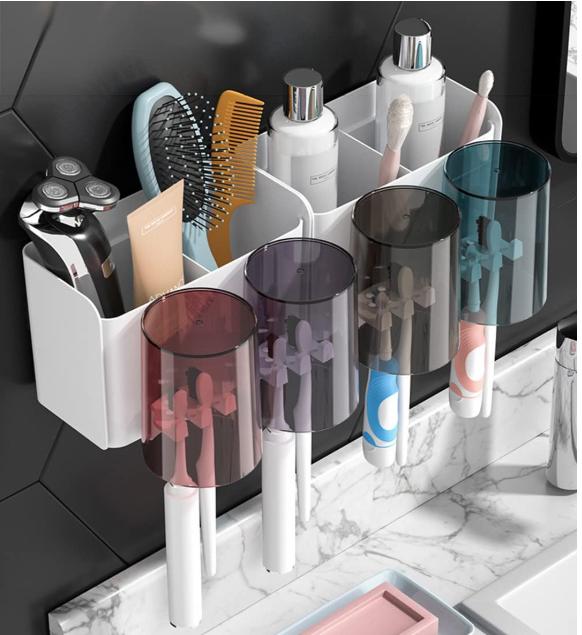 Toothbrush Holder Wall Mounted, Adhesive Toothbrush Holders, Multifunctional Bathroom Toothbrush Holder with 4 Cups and 4 Toothbrush Slots can Hold 8 Toothbrushs 1