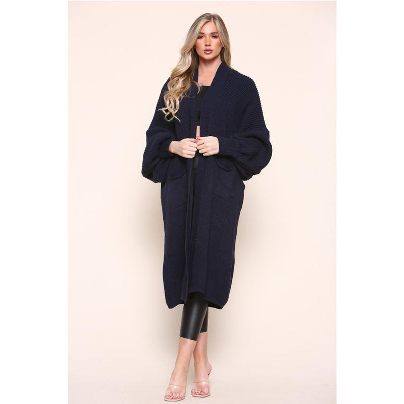 WOMENS LONGLINE BALLOON SLEEVE KNITTED CARDIGAN WITH POCKETS 3