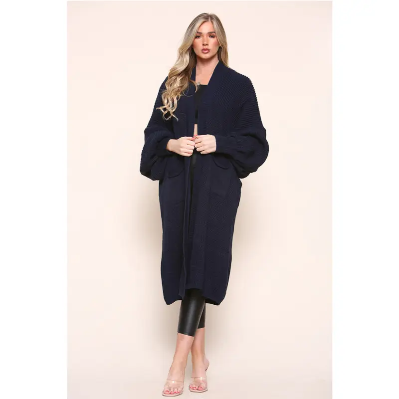 WOMENS LONGLINE BALLOON SLEEVE KNITTED CARDIGAN WITH POCKETS 3