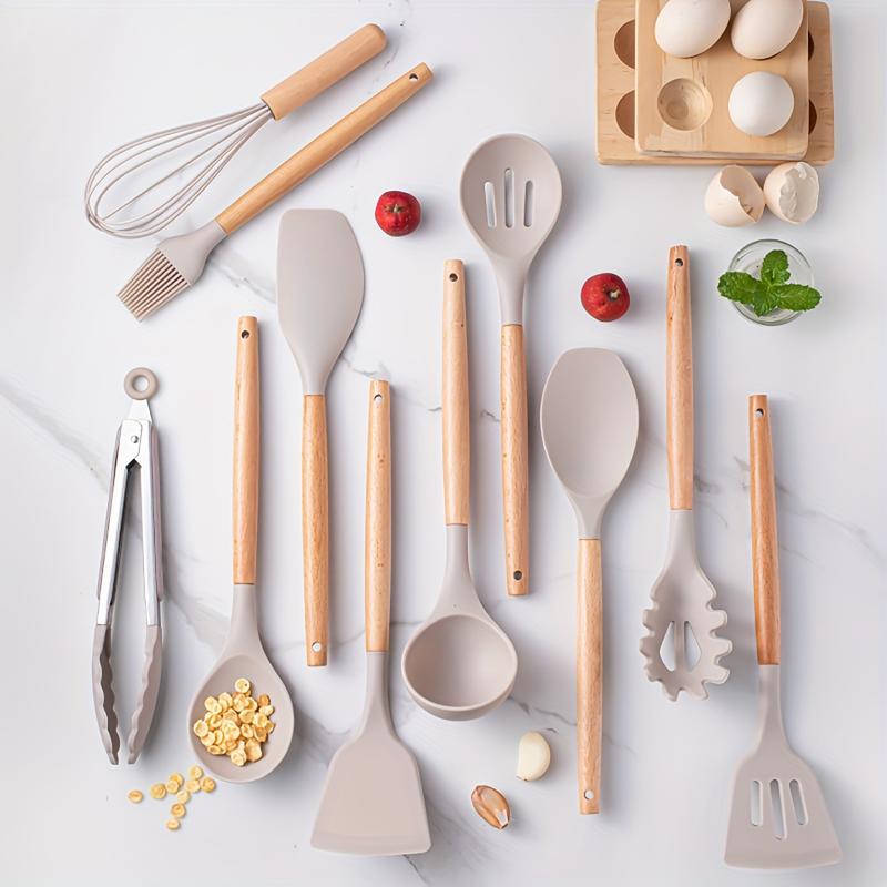 Product Introduction of 12pcs/set, Silicone Cooking Utensils Set With Wooden Handle, Colorful Non-stick Pot Special Cooking Tools Set, Heat Resistant Turner, Tongs, Spatula, Spoon, Oil Brush And Whisk, Kitchen Supplies, Kitchen Supplies, Apartment Essentisls, Halloween Gift 4