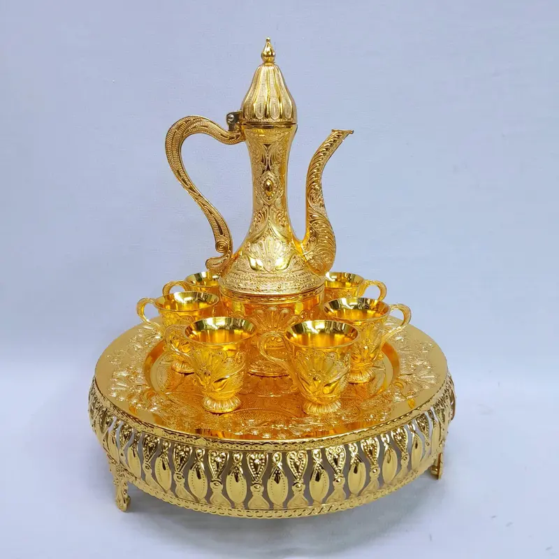 (1114-2) 8 Piece Gold ZamZam Water - Turkish Tea / Kawa / Coffee Set with Footed Tray In a Vintage Turkish / Middle Eastern Style - 1 Jug & 6 Cups 0