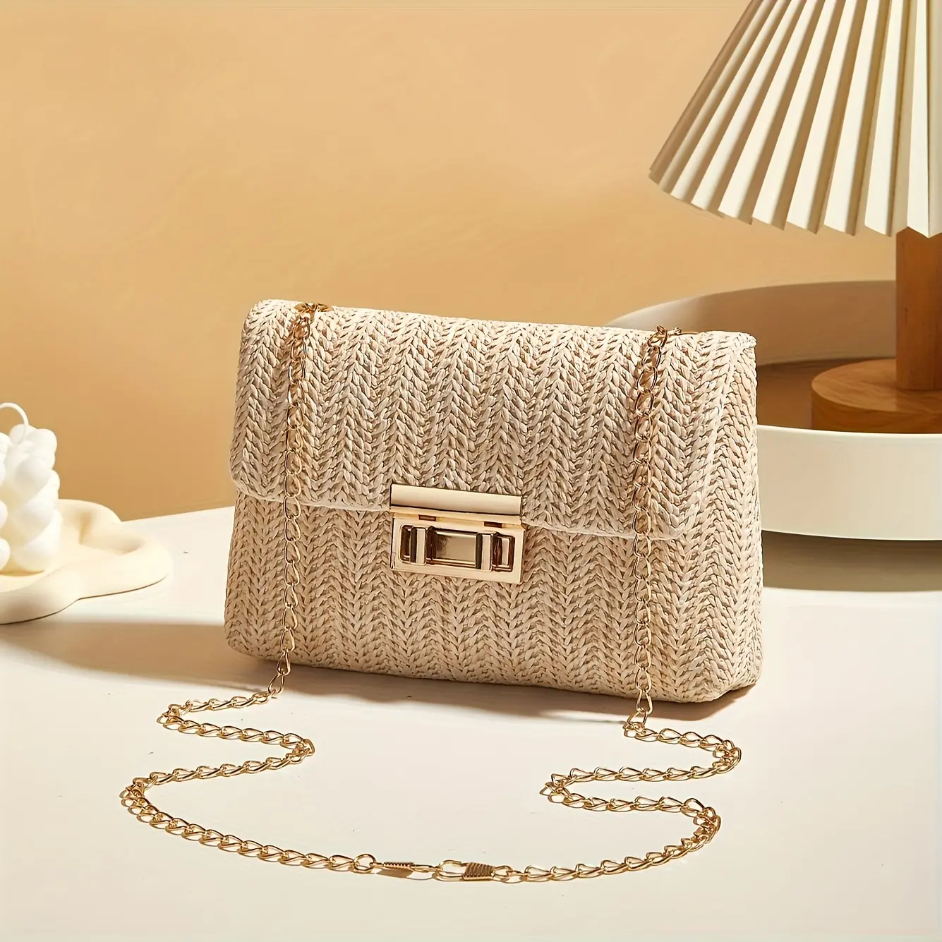 DISSEFA-TECH Women'S Fashion Woven Straw Shoulder Bag, Chain Strap, Clasp Closure, No Wash, Solid Color, Black, Beige, Khaki, Polyester Lining, Handmade Handbag for Casual Wear