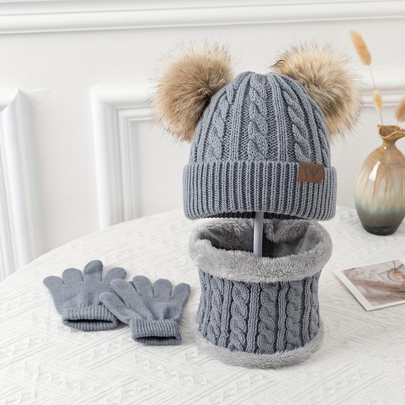 A set of Youngsters's autumn and winter three-piece set of cold-proof and warm suits including double ball knitted hat, scarf, gloves, fashionable and versatile brimless hat suitable for outdoor camping, hiking, and skiing 4