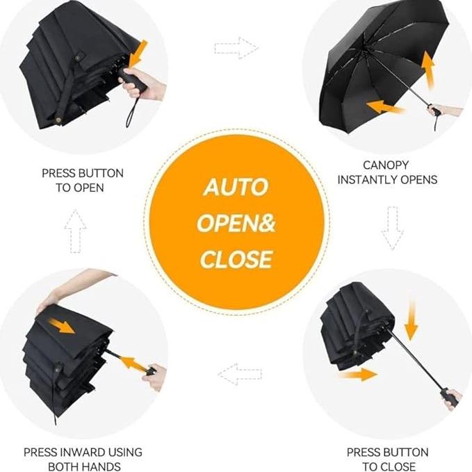 Black Umbrella, Folding Umbrella, 8 Ribs Compact Windproof Umbrella, Auto Open/Close, Sturdy Reinforced Canopy Automatic Portable Travel Umbrella for Men&Women Comfortable 4