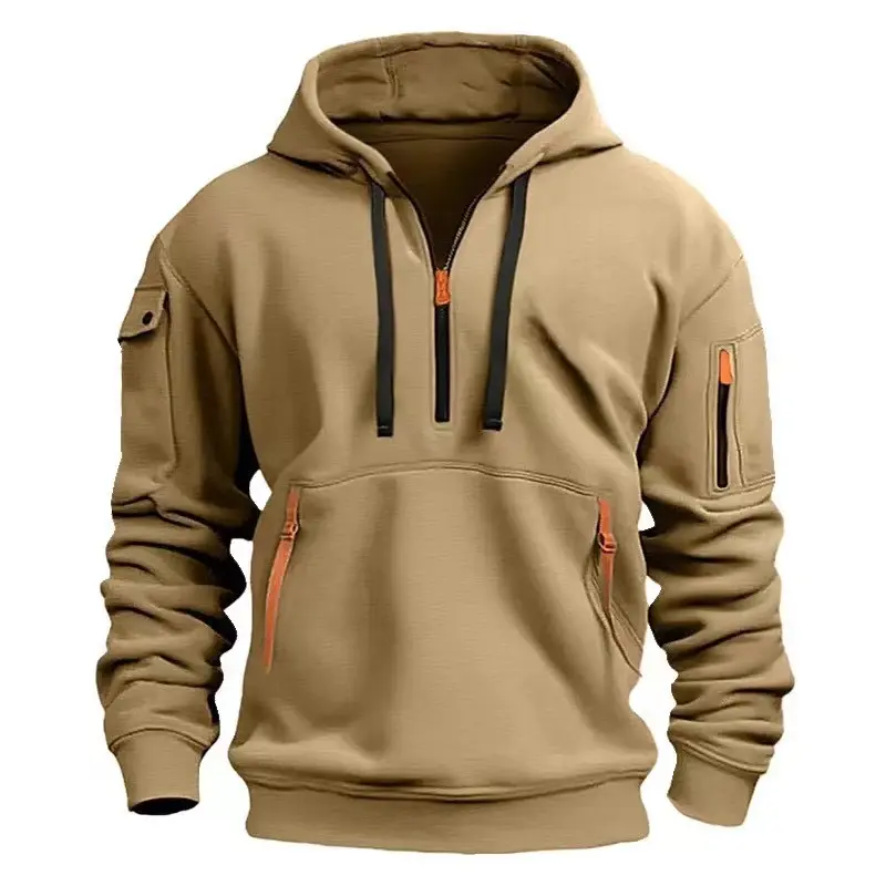 Men's Casual Fashion Hooded Sweatshirt with Multiple Zipper Pockets - 100% Polyester Knitted Fabric, Solid Color, Long Sleeve, Regular Fit 6