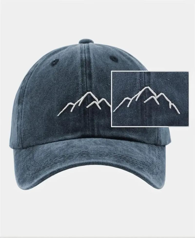 Product Introduction of Unisex Washed Denim Hat - Blue Casual Style Minimalist mountain cap Embroidered design cap Outdoor aesthetic hat Vintage denim baseball cap Adjustable strapback hat Nature-inspired fashion  unisex cap Washed denim hat Hiking adventure accessory 1