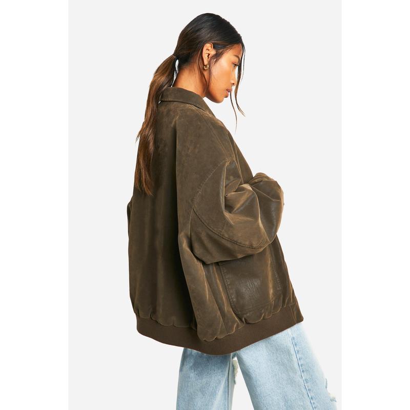 Vintage Look Faux Leather Oversized Bomber Jacket 1