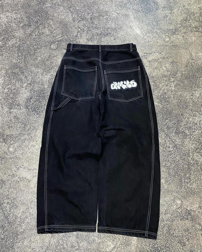 Product Introduction of Street aesthetic black retro straight baggy pants y2k Harajuku hip hop pocket print washed high waist unisex denim trousers 6
