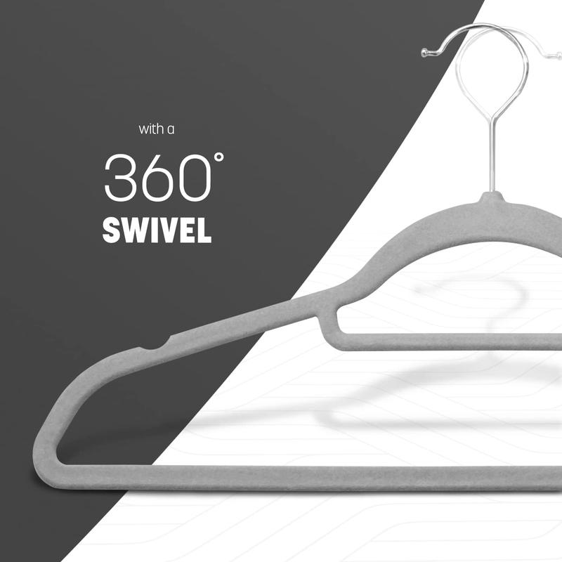Velvet Hangers 20 Pack - Non-Slip Clothes Hangers with Tie Bar & 360° Hook - Grey - Hanging Organiser Adjustable 4