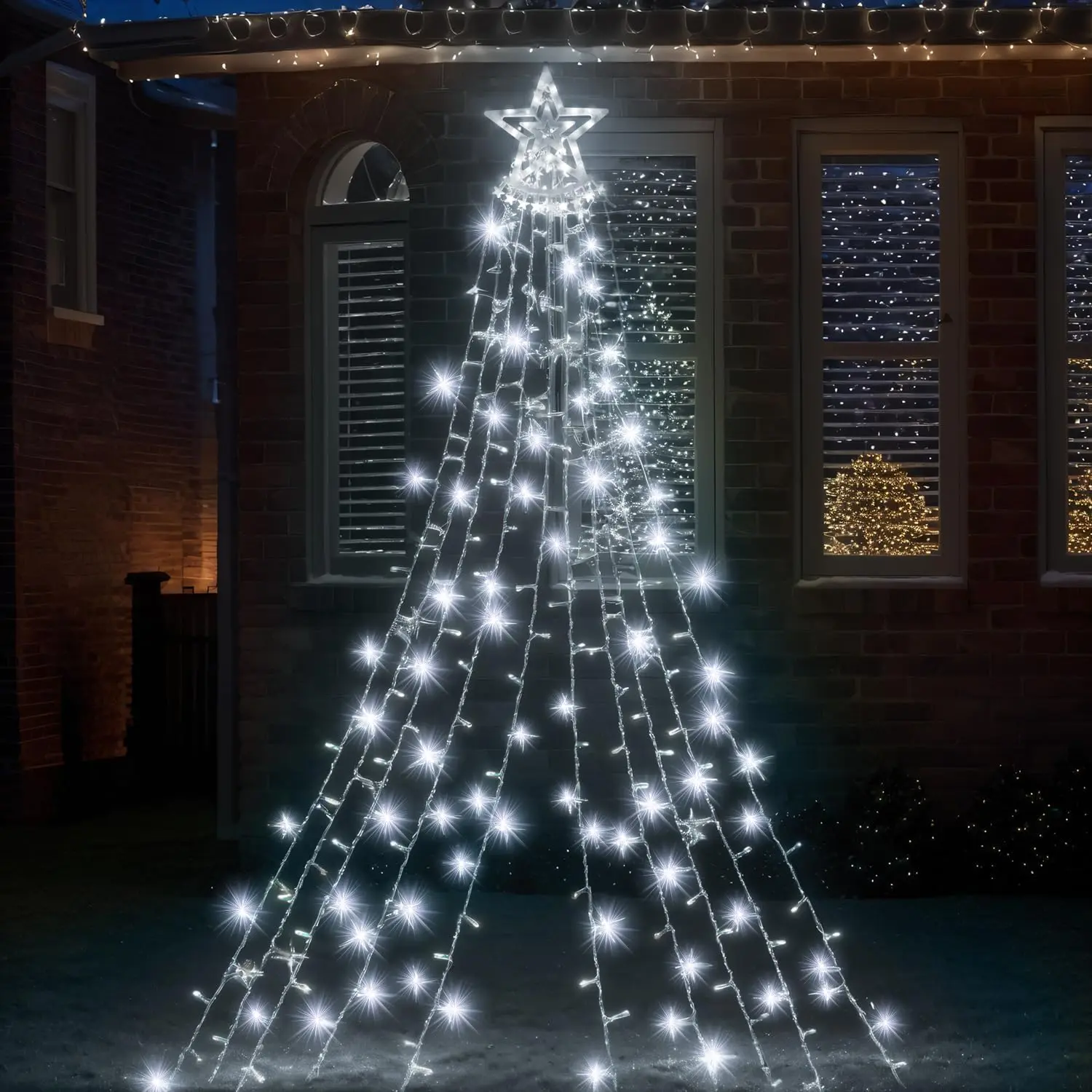 Cool White Outdoor Curtain Star Fairy Lights with 350 LED, Waterproof, Christmas Tree Lights - Energy Class A Ornaments Decor