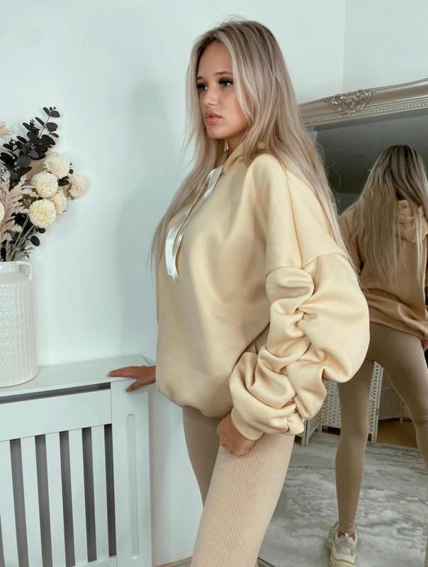 STY Women's Ruched Sleeve Oversized Ladies Ribbon Hoodie Jumper top Casual Plain Soft Womenswear Drawstring Sweaters Style hoodies 2