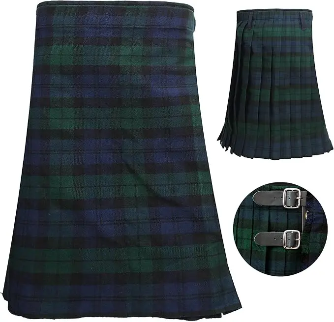 Men Scottish Black Watch Acrylic Wool Kilt 5 Yard 16oz Tartan Highland Traditional Kilt - Three Adjustable Leather Straps Kilts