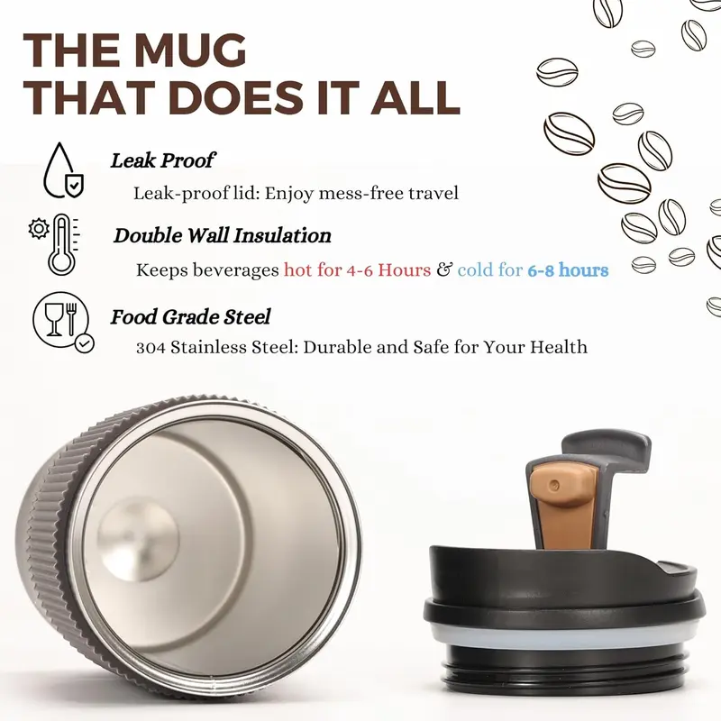 Coffee Cup Vacuum Insulated Travel Mug with Double-Wall, Heat-Resistant Design, Non-Slip Silicone Grip, and Leakproof Lid for Hot and Cold Beverages Drinkware Flasks Stainless Steel thermal  coffee 2