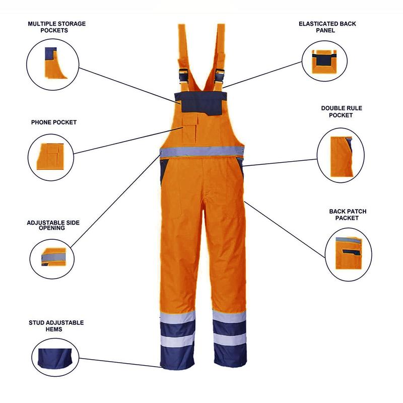 Hi Vis Contrast Waterproof Overall Bib and Brace Dungarees Viz Workwear Jumpsuit Fabric Menswear Breathable Clothing Garment Pocket Reflective Underwear Uniforms Man 2