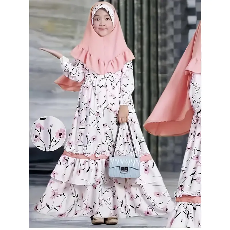 Conjunto de Ropa Étnica Tradicional Musulmana para Niñas de Primavera y Otoño - Vestido Floral de Manga Larga + Pañuelo para la Cabeza, Conjunto de Dos Piezas 0