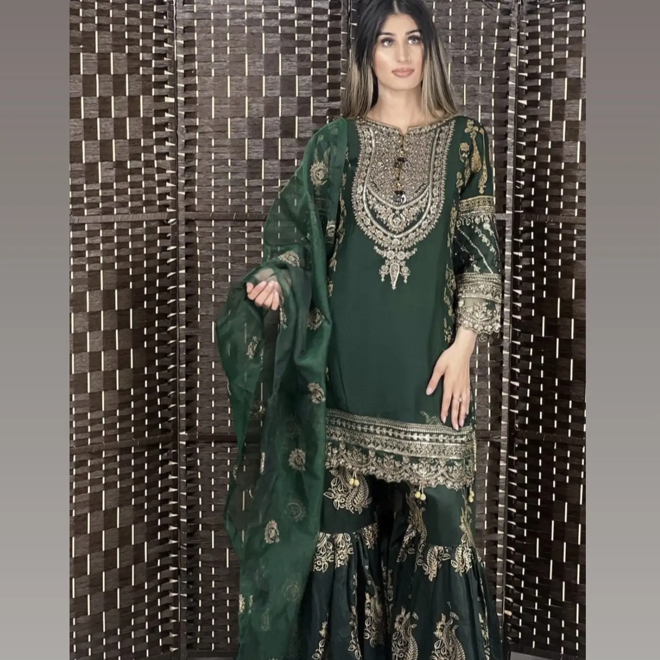 Beautiful Party Wear Heavy Embroidered 3pc Suit With Gharara & Net Dupatta Formal