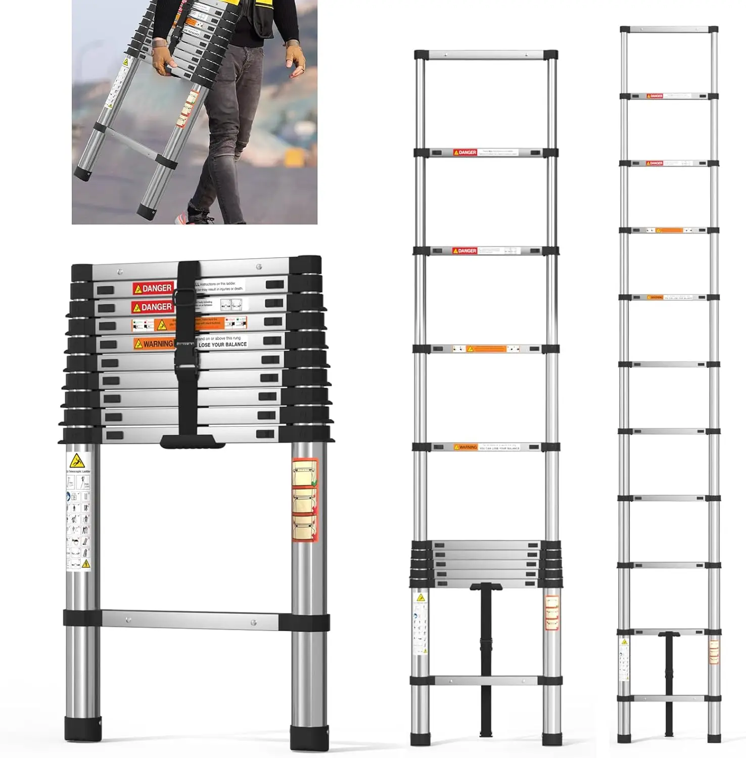 3.2M Telescopic Ladder, High Quality Stainless Steel Telescopic Ladder, Multifunctional Extendable Ladder, Non-Slip Ladder, Safe and Stable, Lightweight and Portable, Maximum Load 150kg for Homes