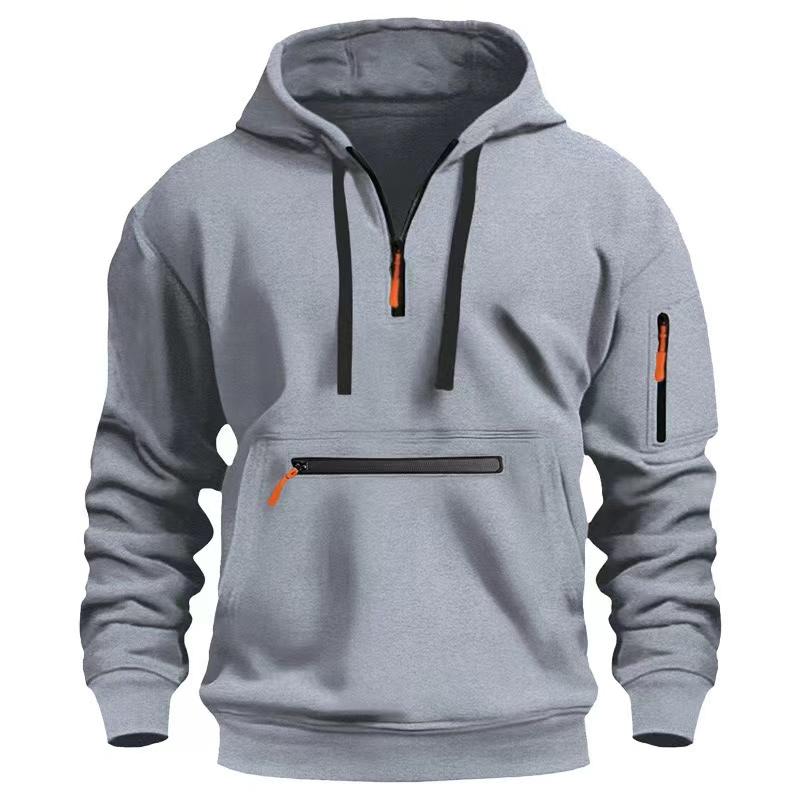 Men's Solid ColorHalf-Zip Design Long Sleeve Casual Hooded Sweatshirt With Kangaroo Pocket For Fall/Winter Casual Daily Wear 6
