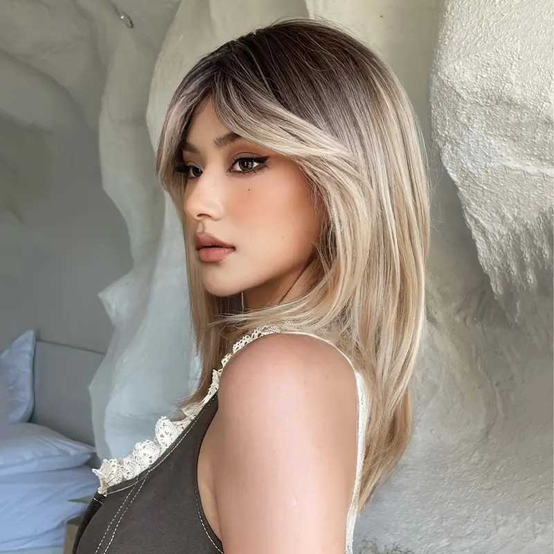 Natural-Looking 18 Inch Ombre Bob Wig for Women - Cute Layered Mixed Blonde Synthetic Straight Hair - Perfect for Any Occasion 0