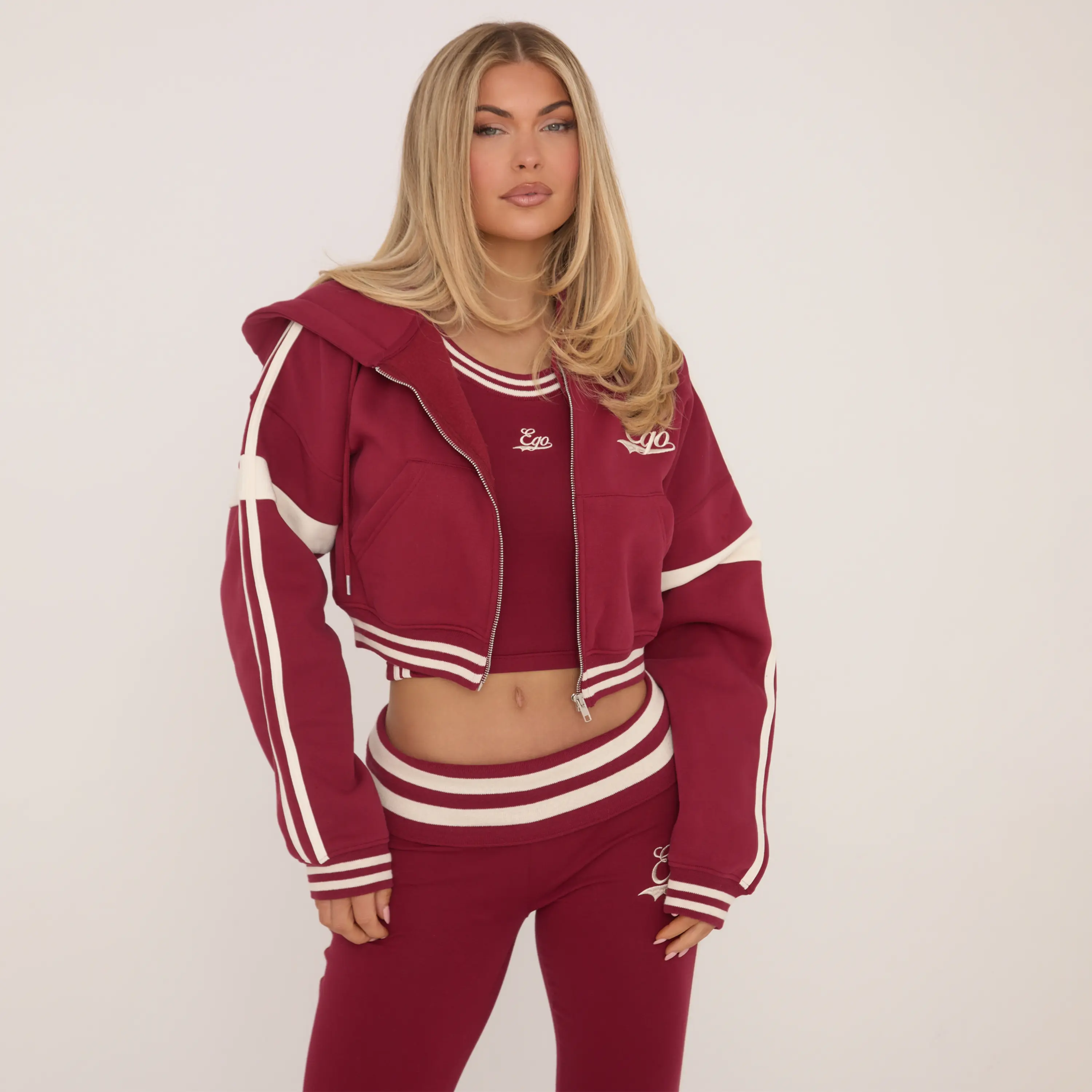 Zip Through Ego Graphic Contrast Stripe Cropped Hoodie