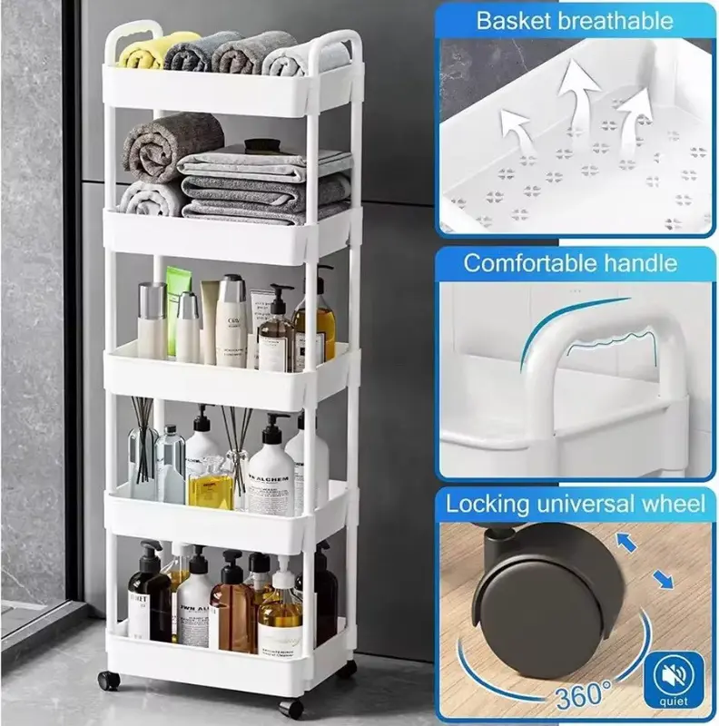 5 Tier Trolley Multi-Purpose, Versatile Rolling off-white Storage Cart, Utility Organizer With 4 Wheels, Easy To Assemble Cosmetic Shelves, Kitchen Rack, Book Shelf, Bedroom-Livingroom Snacks, Laundry Basket, Space-Saving Toilet Storage Holders bathroom 6